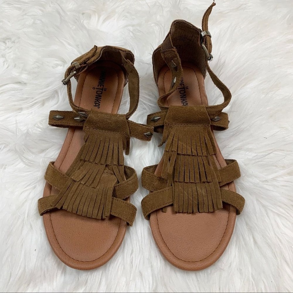 Minnetonka Merriam Brown Suede Gladiator Fringe Wedge Sandals Boho Size 7 - Picture 2 of 6